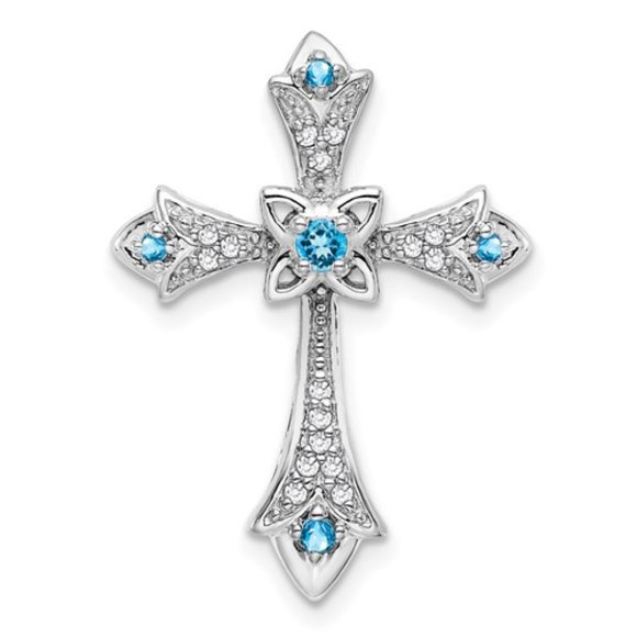 14k White Gold Blue Topaz & Diamond Fleur De Lis Cross Chain Slide Pendant - Picture 1 of 4